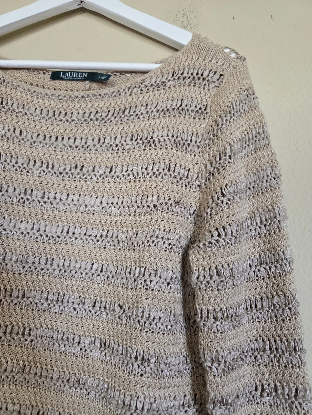 Lauren Ralph Lauren Beige Open-Knit Sweater Crochet Linen Blend